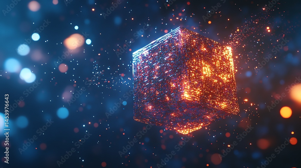 Poster 3d render of a glowing, fragmented cube suspended in a dark, bokeh-filled space.