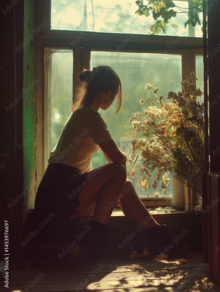 Poster girl sitting by window waiting for courier in a dreamy room filled with natures light generative ai