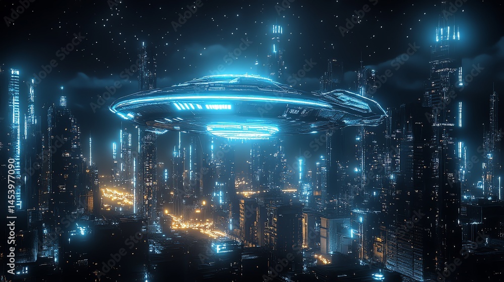 Poster 3d render of a futuristic cityscape with a luminous ufo hovering above towering buildings.