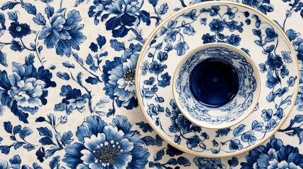 Elegant floral china set atop patterned tablecloth.