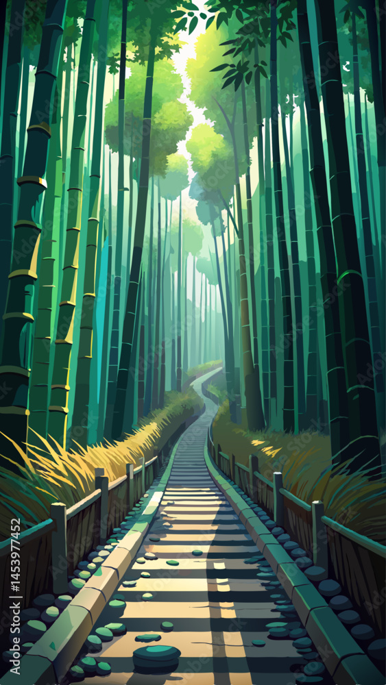 Poster a man is walking down a path in a forest. the path is lined with trees and the man is wearing a red 