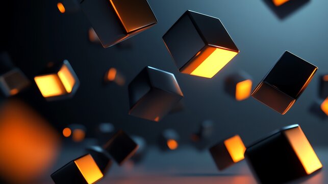 3D render of black cubes suspended against a dark teal background, illuminated by golden light.