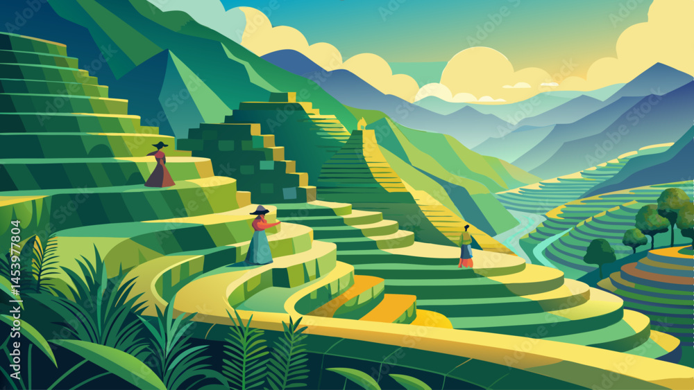 Poster a mountain range with a green hillside and a tree in the foreground. the hillside is made of stone a