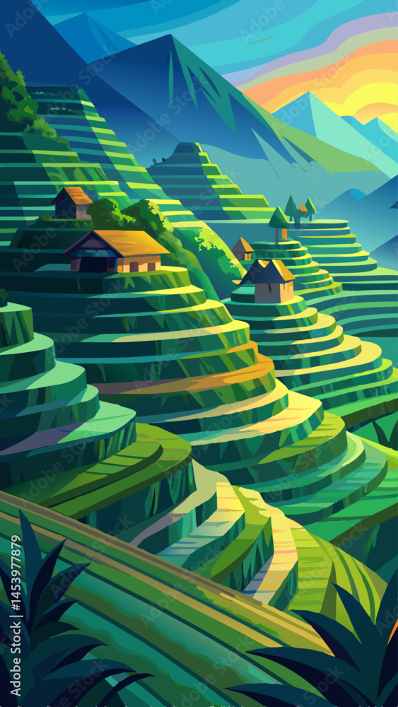 Poster a mountain range with a green hillside and a tree in the foreground. the hillside is made of stone a