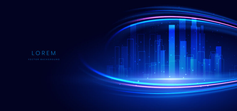 Futuristic glowing night cityscape on dark blue background with lighting effect and sparkle. City landscape.