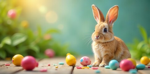 Rainbow bunny with scattered toys, cheerful scene , bright, development