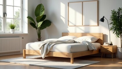 Sleek minimalist wooden bed frame, natural light, sophisticated, space