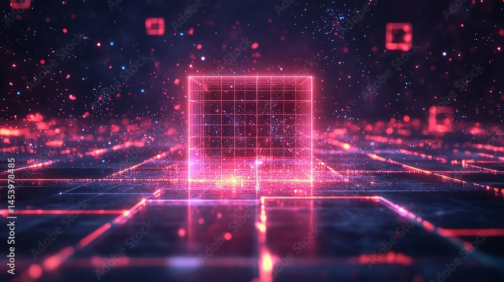 Poster 3d render of a glowing pink cube overlaid on a grid of neon lines and digital particles.