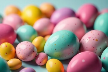 Speckled eggs amongst bright candy, vibrant Easter scene , colorful candies, candy, sweet