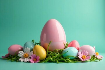 Spectacular egg display, teal background Elegant Easter scene , holiday, art