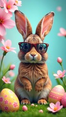 Stylish bunny with shades, surrounded by colorful Easter eggs and blossoms , spring, whimsical, holiday