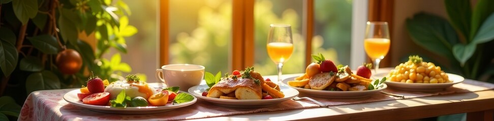 Sunlit table laden with brunch dishes, festive decorations , cheerful, food