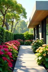 Sun-drenched modern home, vibrant garden blooms , home, green, lush