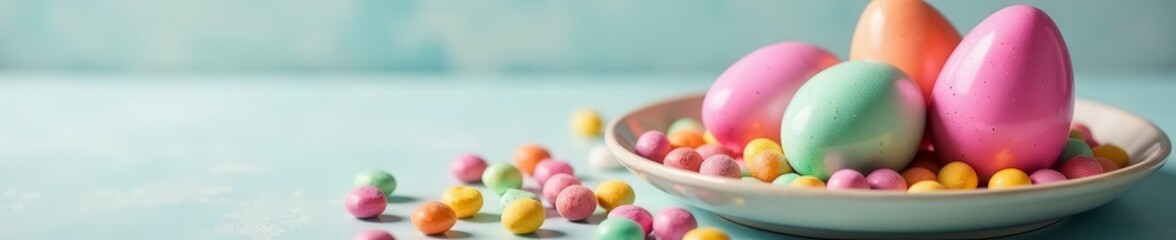 Vibrant dyed eggs, pastel candies spill onto a ceramic plate , chocolate, bunny, springtime celebration