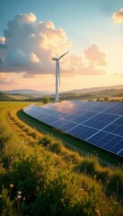 Vast solar & wind farm in rural landscape Sustainable energy future , solar farm, alternative energy