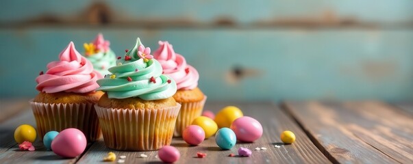 Vibrant cupcakes, Easter eggs, wooden backdrop, board, spring
