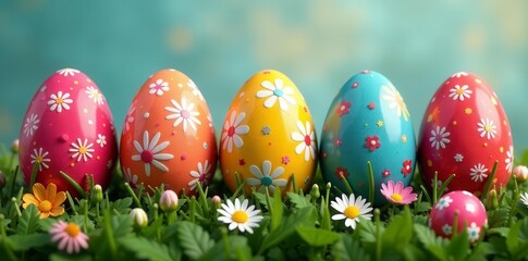 Vibrant patchwork Easter eggs, diverse colors & patterns, art, spring