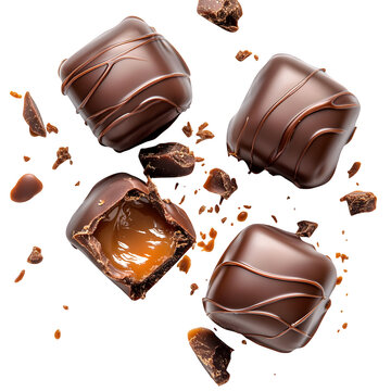 Chocolate-covered caramel candies bursting with gooey caramel threads and candy shell fragments on white.
