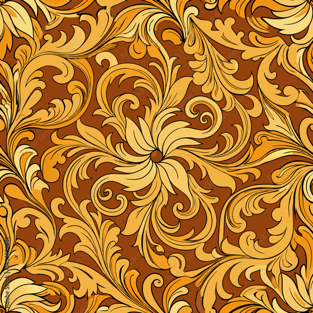 Poster elegant baroque seamless vector pattern with swirling scrolls and leaves
