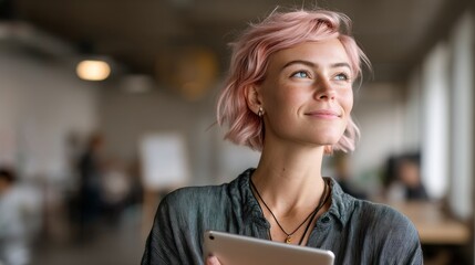 A beautiful woman with short pink hair smiles while holding a tablet in a modern office environment. She exudes confidence and creativity, surrounded by a vibrant workspace