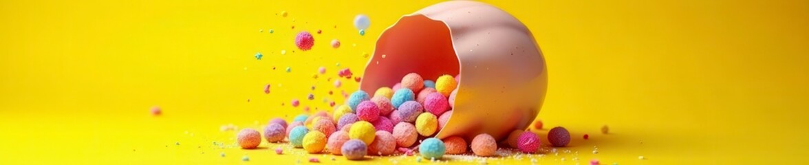 Broken eggshell reveals vibrant candy explosion on yellow , sugar, sprinkles