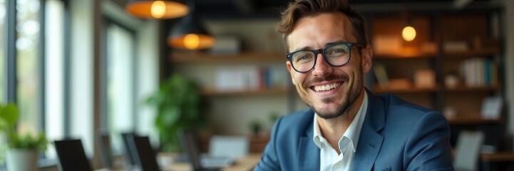 Casual businessman smiling, contemporary office setting, chair, contemporary, stylish