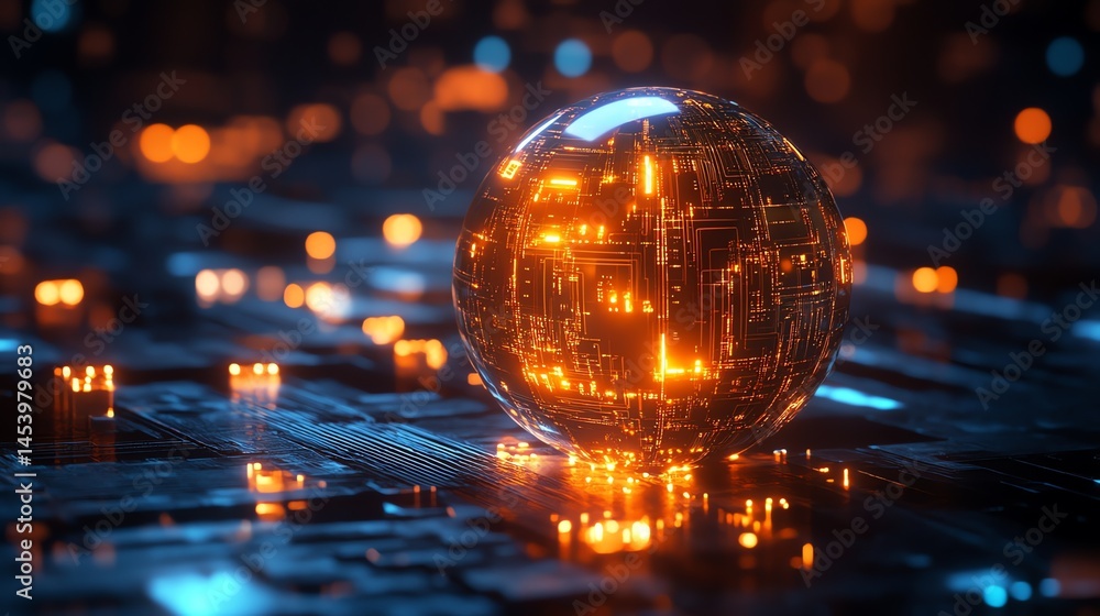 Poster 3d render of a glowing, circuit-filled sphere rests on a dark, circuit board surface with scattered 