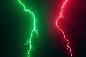Clashing green and red lightning bolts against dark background, illustration, background, dark