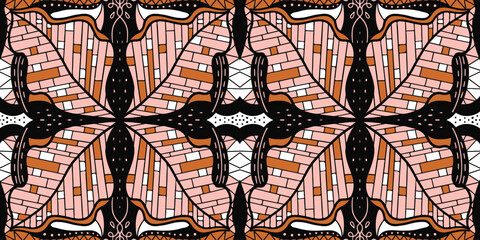 Abstract brown color leaf designs in geometric square patterns, hand drawn in African fabric style. seamless beautiful Kitenge, chitenge, dutch wax style. fashion design in colorful. 