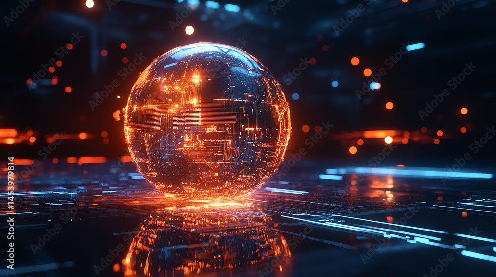 Poster 3d render of a glowing sphere intricately composed of circuit board elements on a dark, reflective s