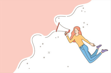 Advertisement illustration, product promotion concept. Female character speaking into loudspeaker, making advertisement for company. Marketing industry