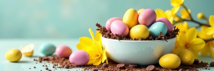Colorful Easter eggs, chocolate & sugar, forsythia flowers, white bowl , celebration, festive