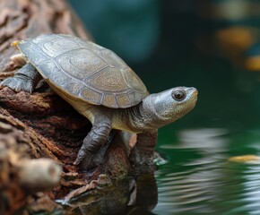 Naklejka premium Burmese turtle, Batagur trivittata, endemic to Tiver. Turtle in the trunk of an aquatic tree