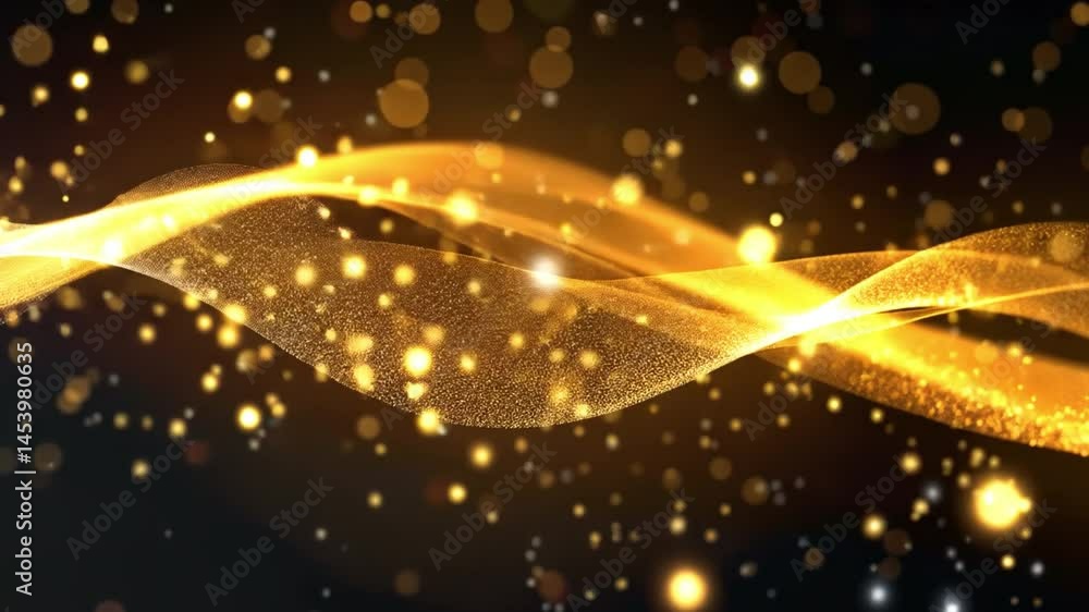 Poster golden waves of light mesmerizing motion of shimmering particles against dark background, creating s