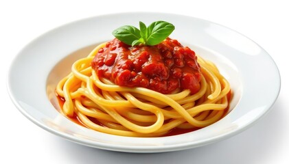 Close-up of a plate of pasta with tomato sauce, isolated on white, pasta, penne