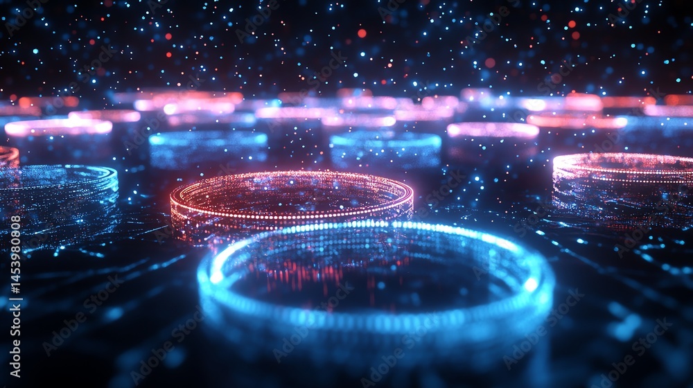 Poster 3d render of glowing, floating circular shapes amidst a dark, particle-filled space.