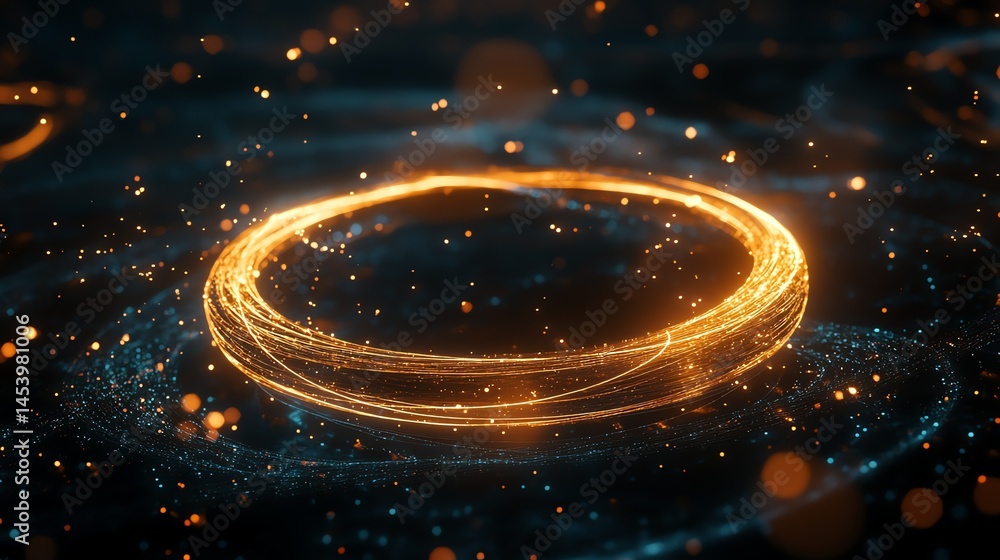 Aufkleber 3d render of a dynamic golden ring surrounded by scattered glowing particles against a dark backgrou