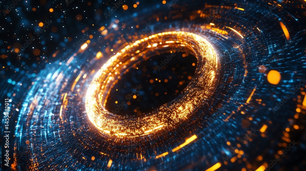Poster 3d render of a swirling, luminous vortex with digital particles and intense orange light.