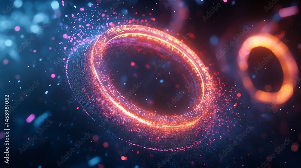 Poster 3d render of a glowing, segmented ring surrounded by dynamic, sparkling particles in a dark blue bac