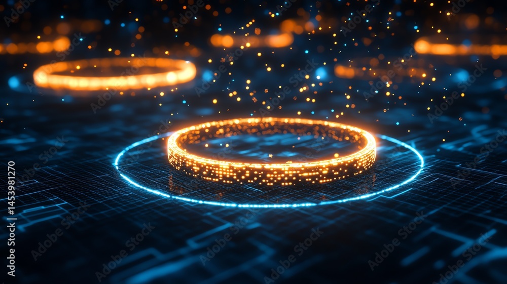 Poster 3d render depicts a glowing ring on a digital grid background with scattered particles.