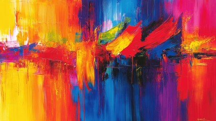 Vibrant abstract painting with bold, colorful brushstrokes and layered textures
