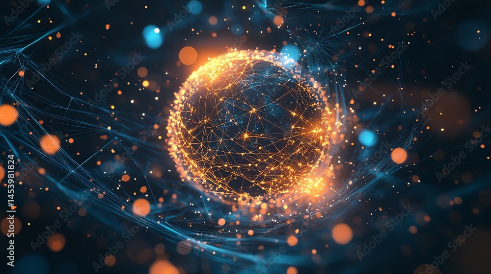 Aufkleber 3d render of a glowing orb encompassed by interconnected networks amidst a dark, swirling background