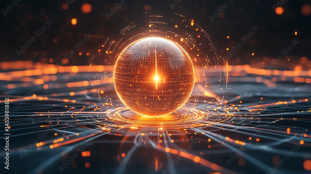 Poster 3d render of a glowing globe encompassed by intricate, radiating circuit lines on a dark, textured s