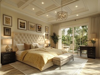 Luxurious bedroom interior design featuring warm colors and natural light.