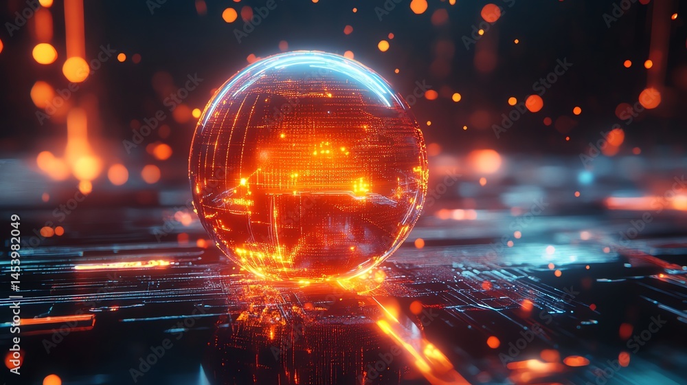 Aufkleber 3d render of a globe overlaid with glowing circuit lines and digital particles in vibrant orange and