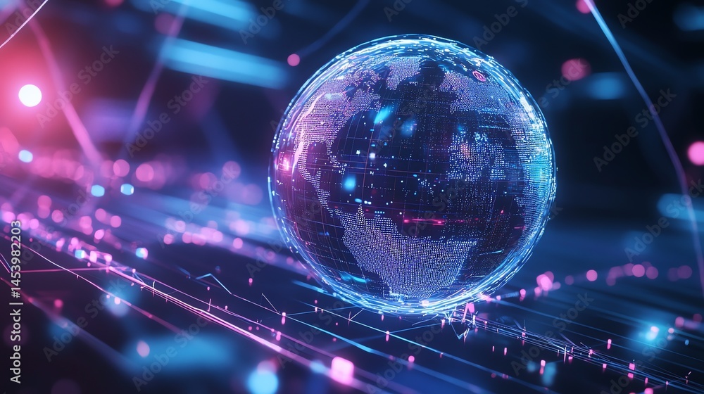 Poster 3d render of a globe overlaid with glowing digital lines and dots, creating a futuristic, technologi