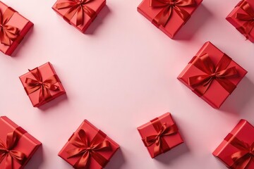 Elegant red ribbon tied gift boxes, seamless pattern, paper, ribbon