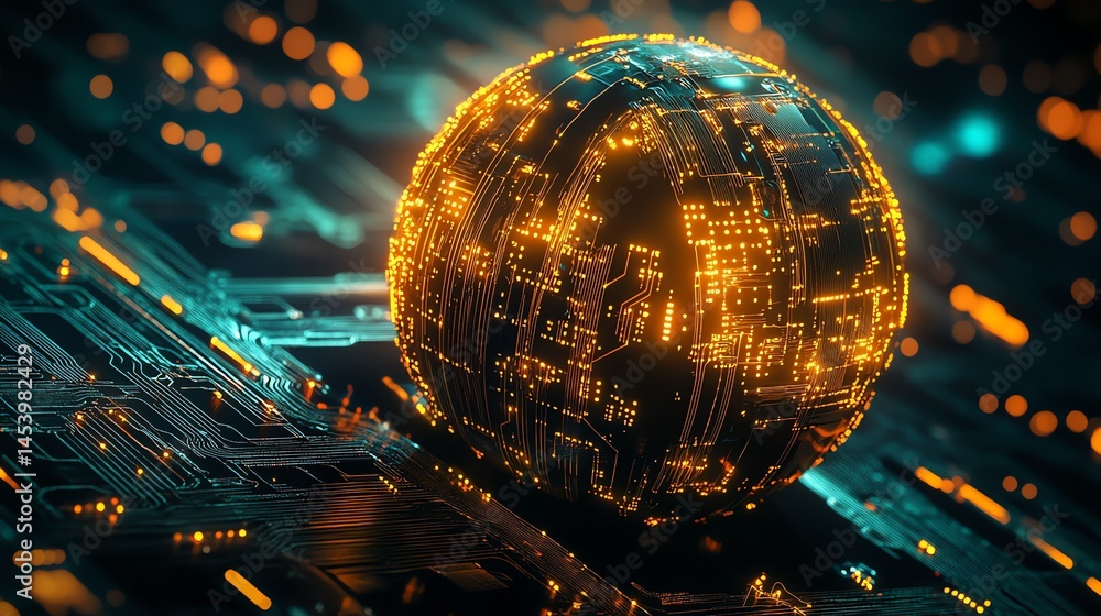 Poster 3d render of a circuit board globe illuminated with vibrant orange and teal lights.