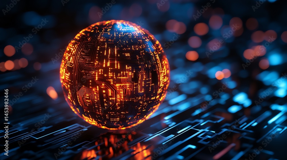 Poster 3d render of a glowing circuit board sphere overlaid on a dark, futuristic circuit pattern.