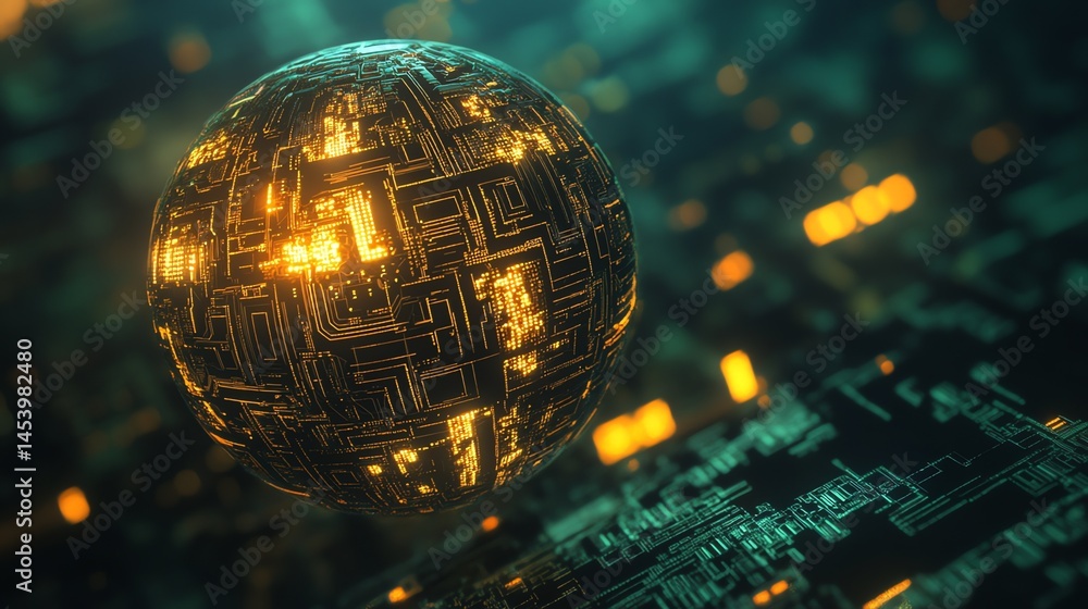 Canvas Prints 3d render of a circuit board globe with glowing orange pathways against a dark, abstract background.